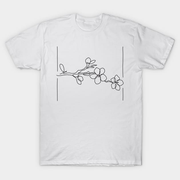 Cherry Blossom Line Drawing - Black T-Shirt by EnvelopeStudio